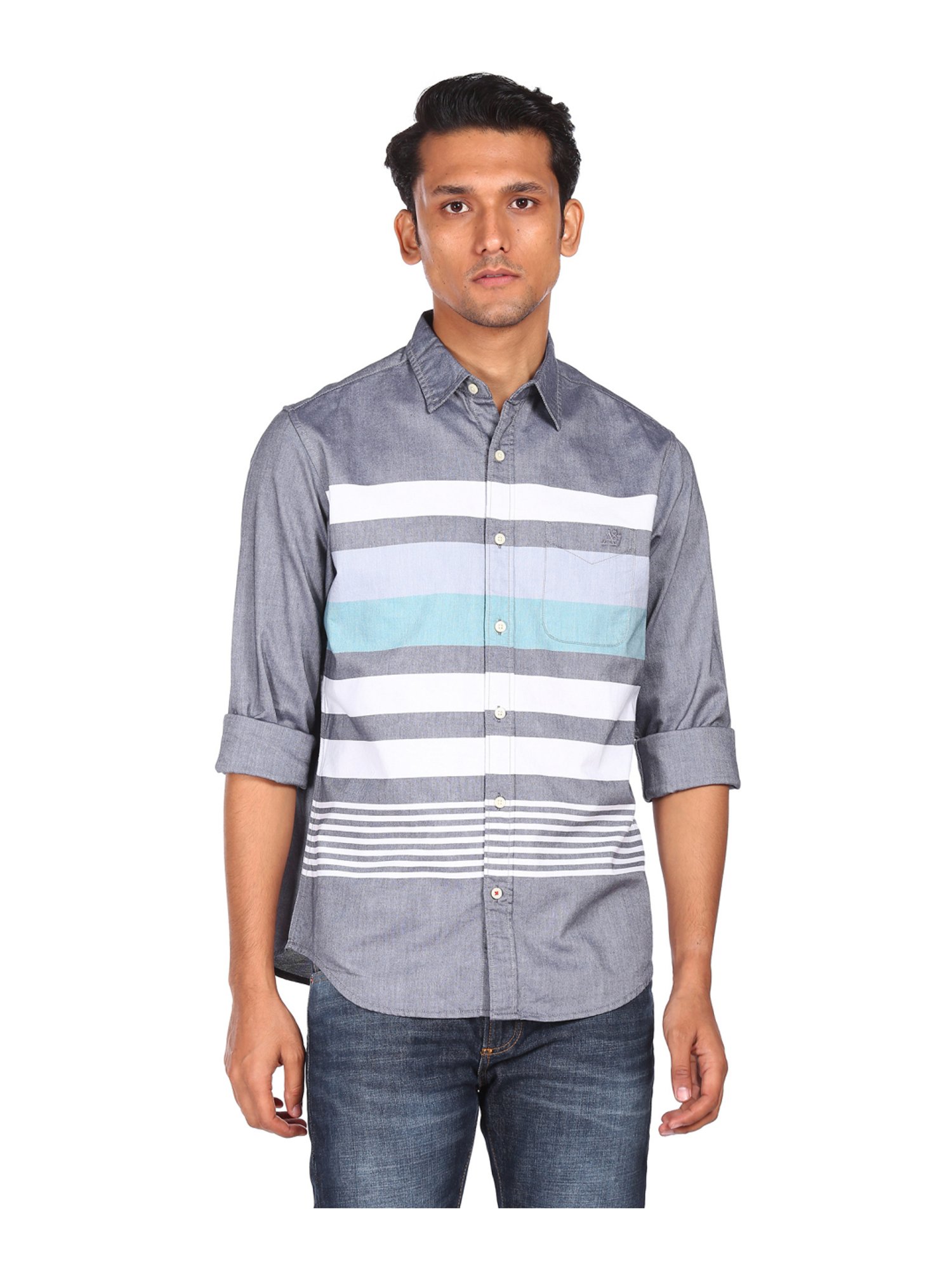Aeropostale Blue Cotton Regular Fit Striped Shirt