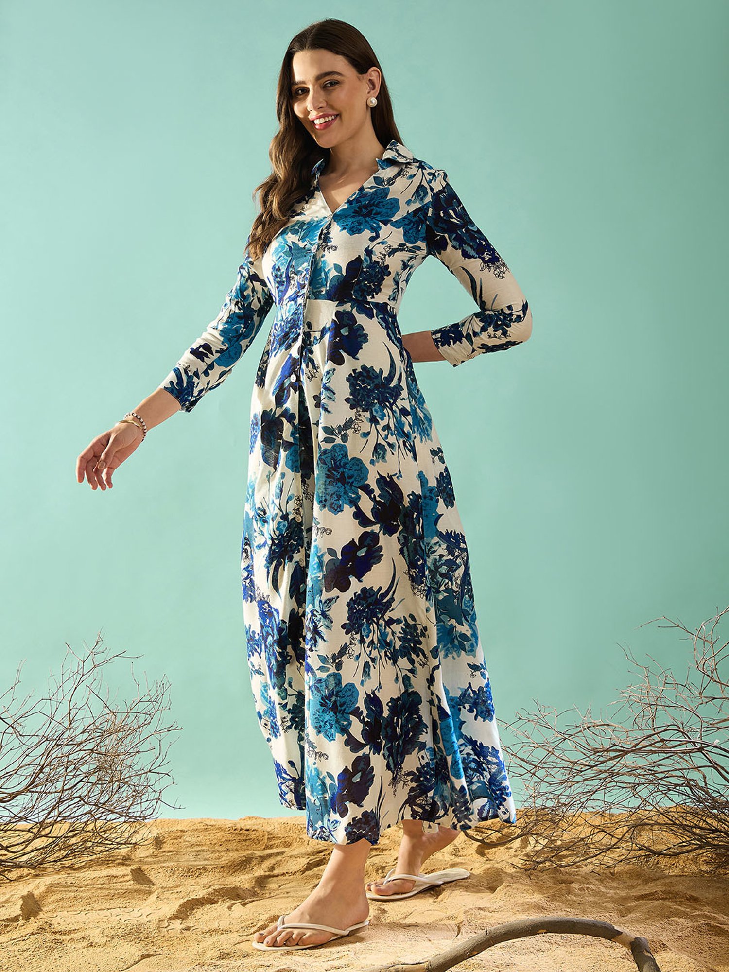 PANIT Blue Floral Print Ethnic Dress