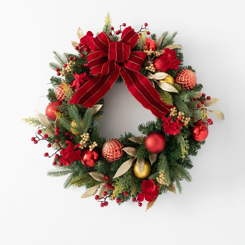 Sullivans Pine & Ornaments Artificial Wreath 26"H Green