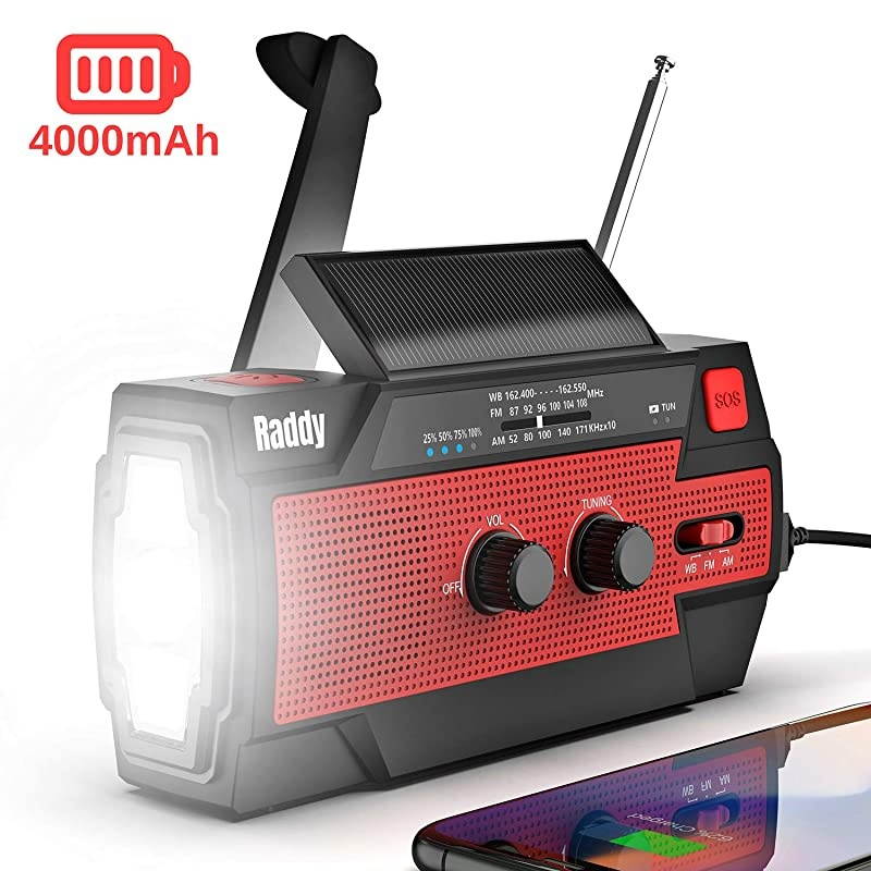 Newest Raddy SW3 4000mAh Emergency Radio Hand Crank SolarPowered FMAMNOAA Weather Radio with 3 Types of Flashlight SOS Alarm Reflective Strip Cell Phone Charger