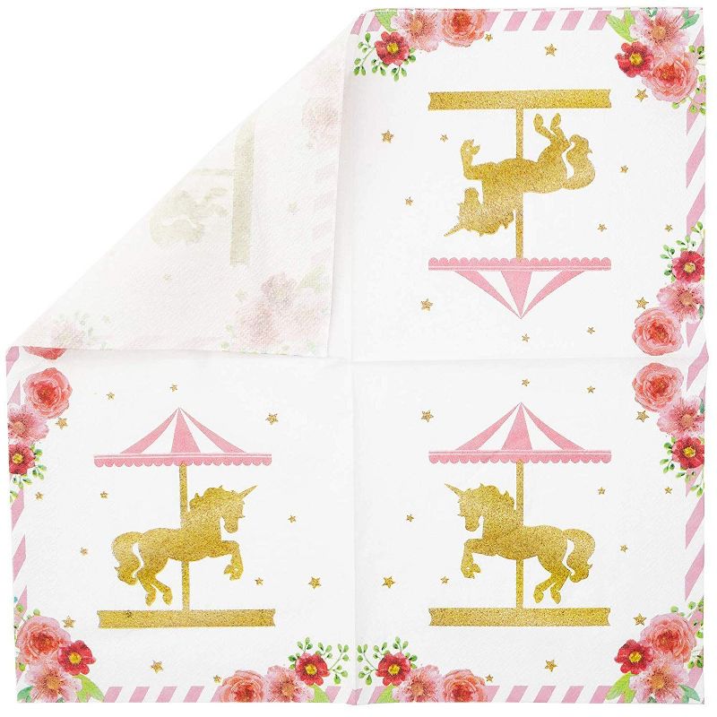 Sparkle and Bash 100 Pack Unicorns Carousel Paper Disposable Napkin Napkins 6.5" Birthday Party Tableware Decorations