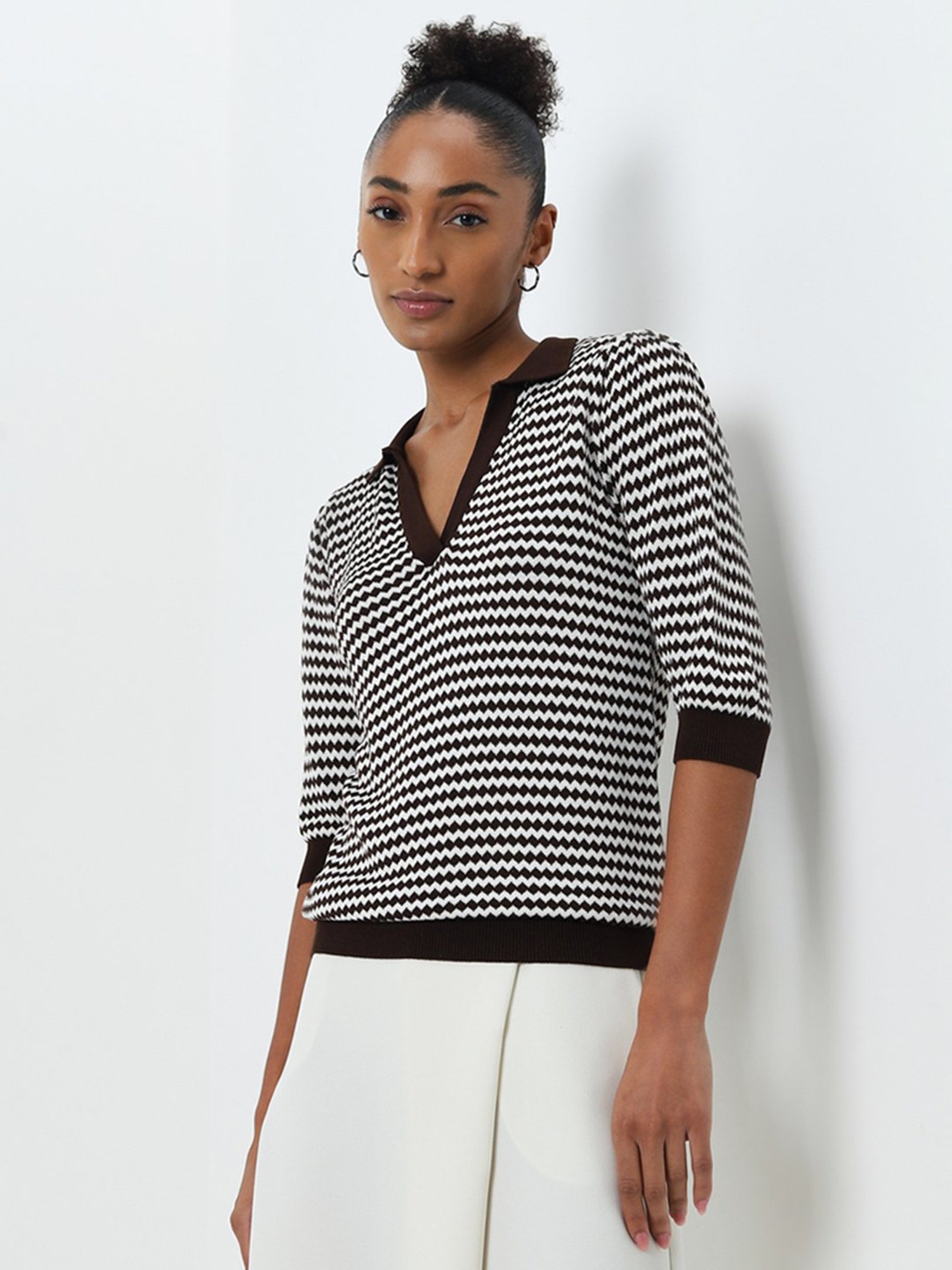 Wardrobe by Westside Dark Brown Geometric Printed Knitted Top
