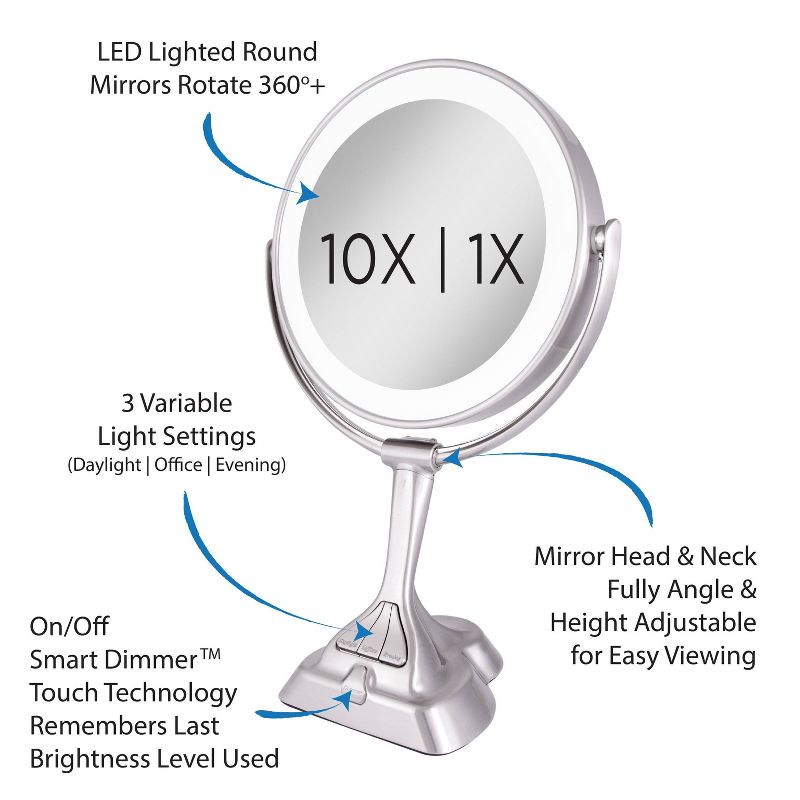 Zadro Next Generation LED Lighted Mirror with Smart Dimmer Satin Nickel - 10X/1X