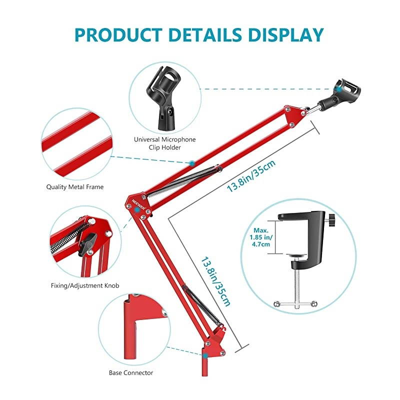 Adjustable Microphone Suspension Boom Scissor Arm Stand Max Load 1 KG Compact Mic Stand for Radio Broadcasting Studio VoiceOver Sound Studio Stages and TV StationsRed