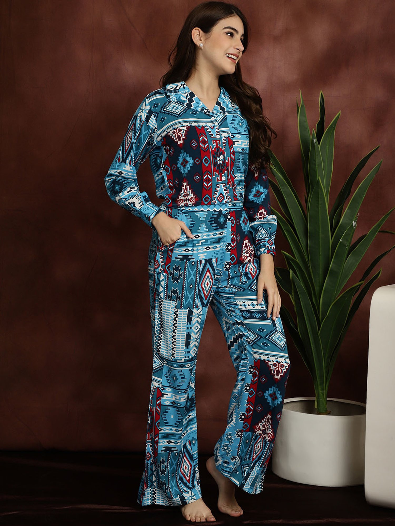 Boston Club Blue Printed Top With Pyjamas