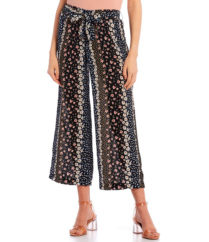 Evolutionary Mid-Rise Tie-Waist Wallpaper Floral Print Wide Leg Pants