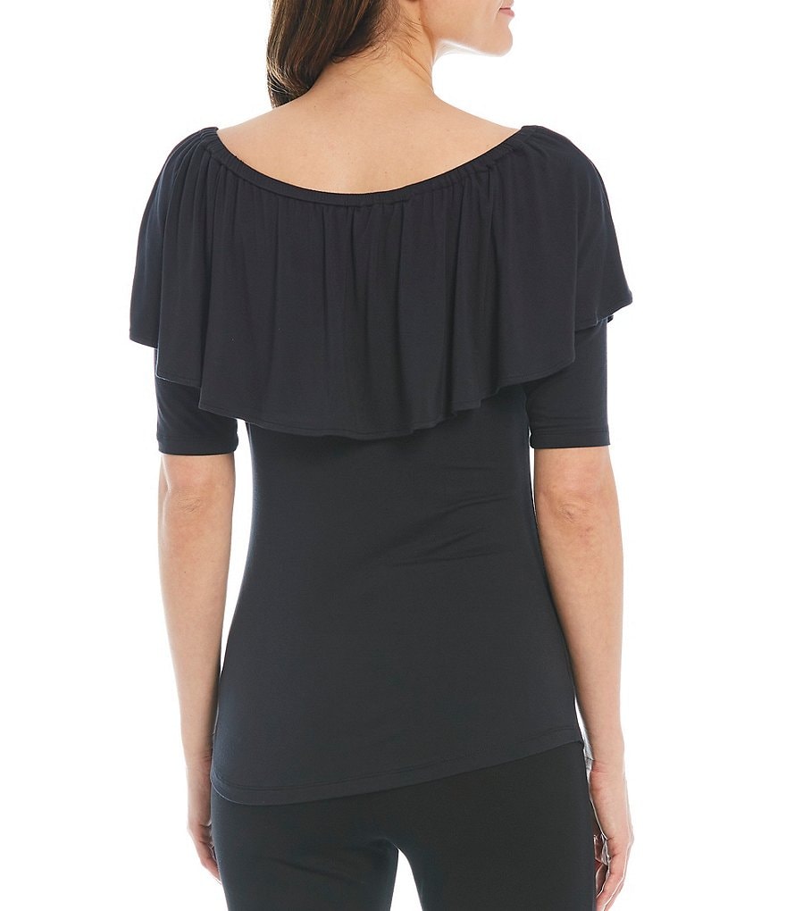 Donna Karan New York Jersey Tie Front Convertible Off-the-Shoulder Short Sleeve Tier Top