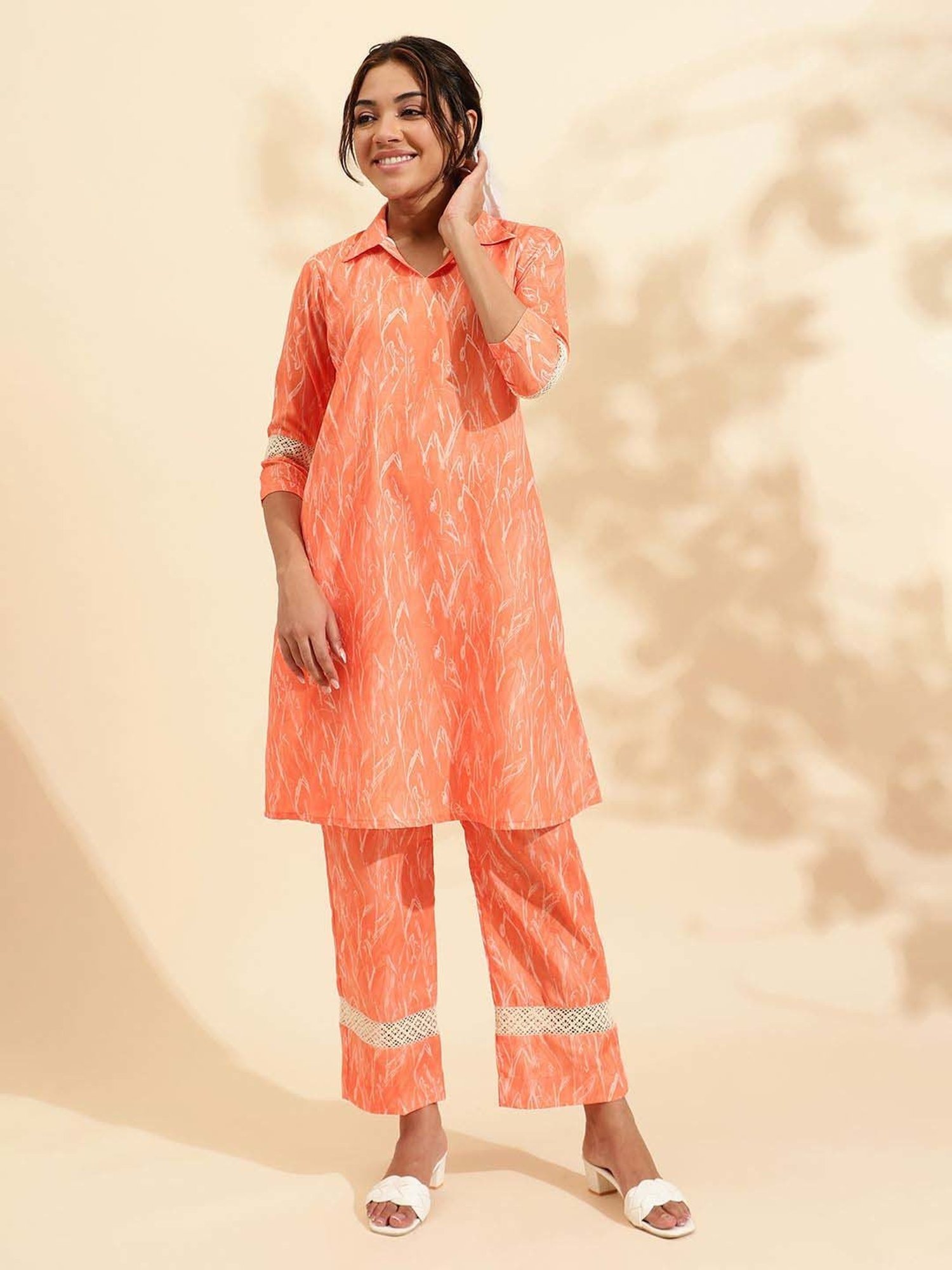 Sringam Peach Printed Co-Ord Sets