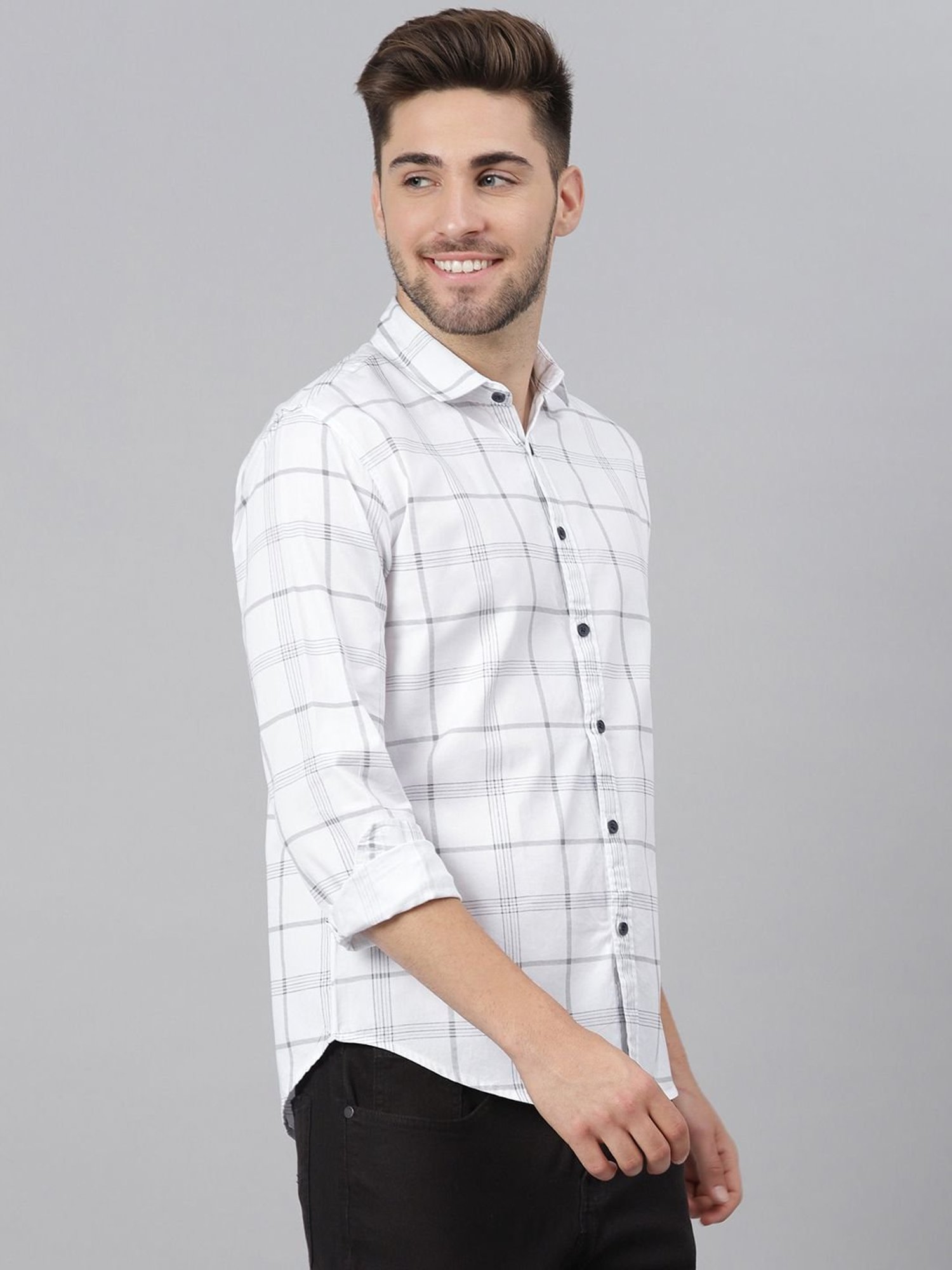 Dennis Lingo White Cotton Slim Fit Checks Shirt