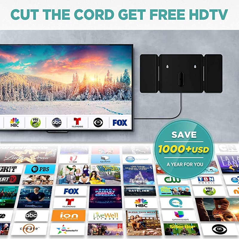 TV Antenna Foldable HD Antenna Indoor TV Antenna for 360&deg;OmniDirectional Reception Digital Freeview 4K 1080P VHF UHF Local Channels with Signal Amplifier Support All TVs