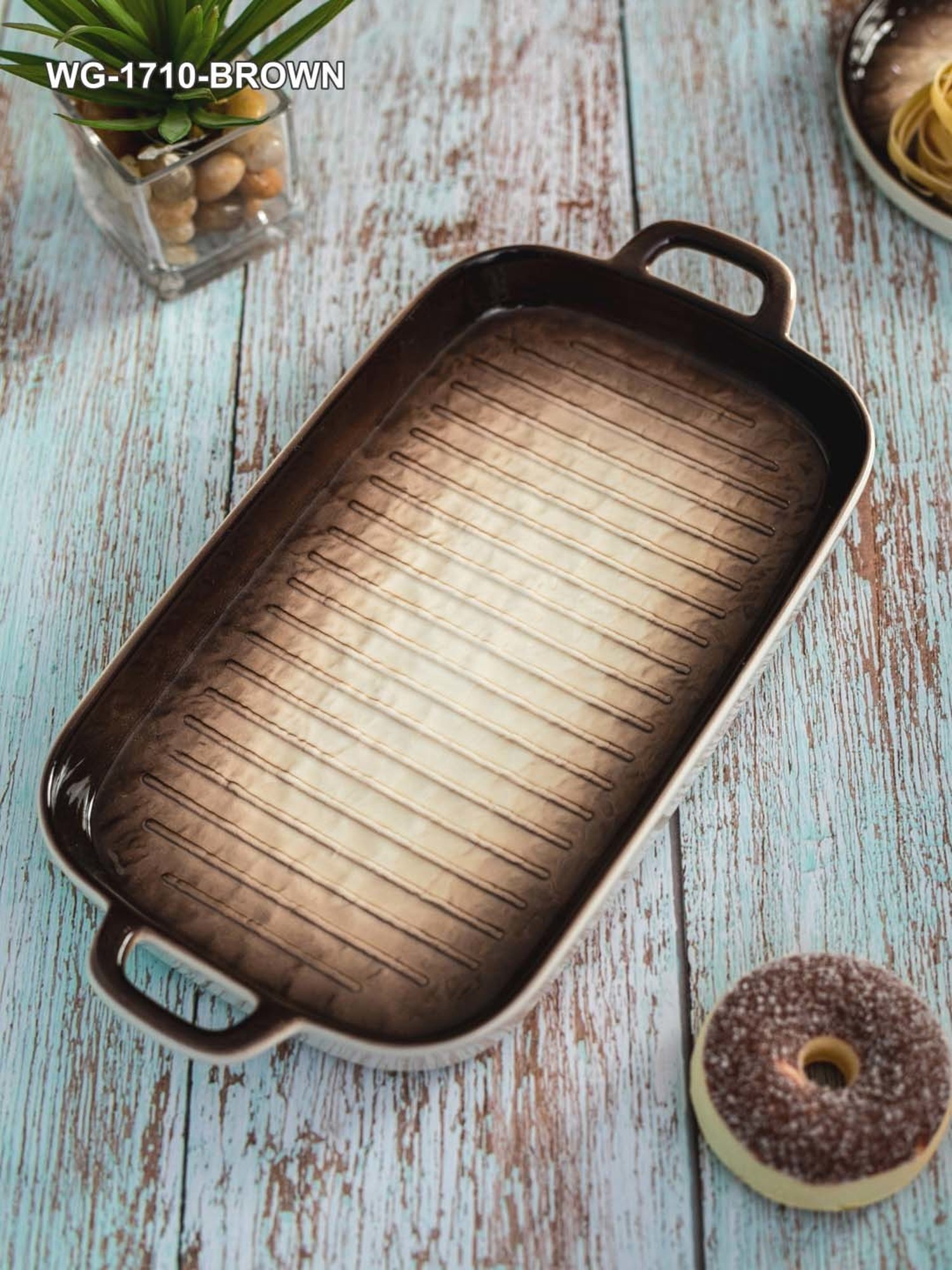 White Gold White & Brown Porcelain Rectangle Serving Platter With Handle