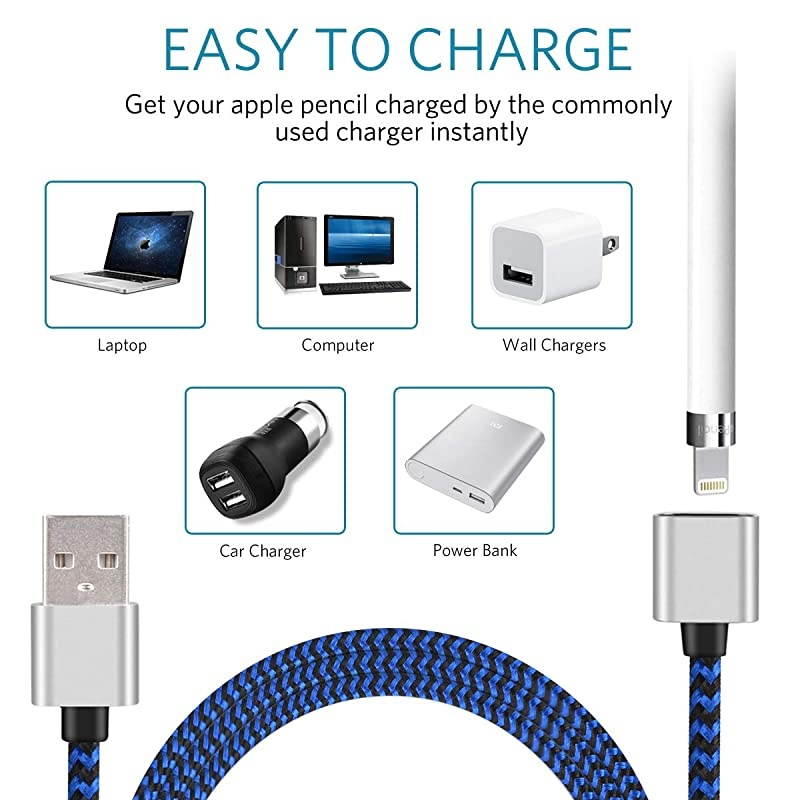 Charger Cable for Apple Pencil - Charging Adapter Cable for Apple Pencil, Female to Male Adapter Extension Cable, 3 Feet, Blue