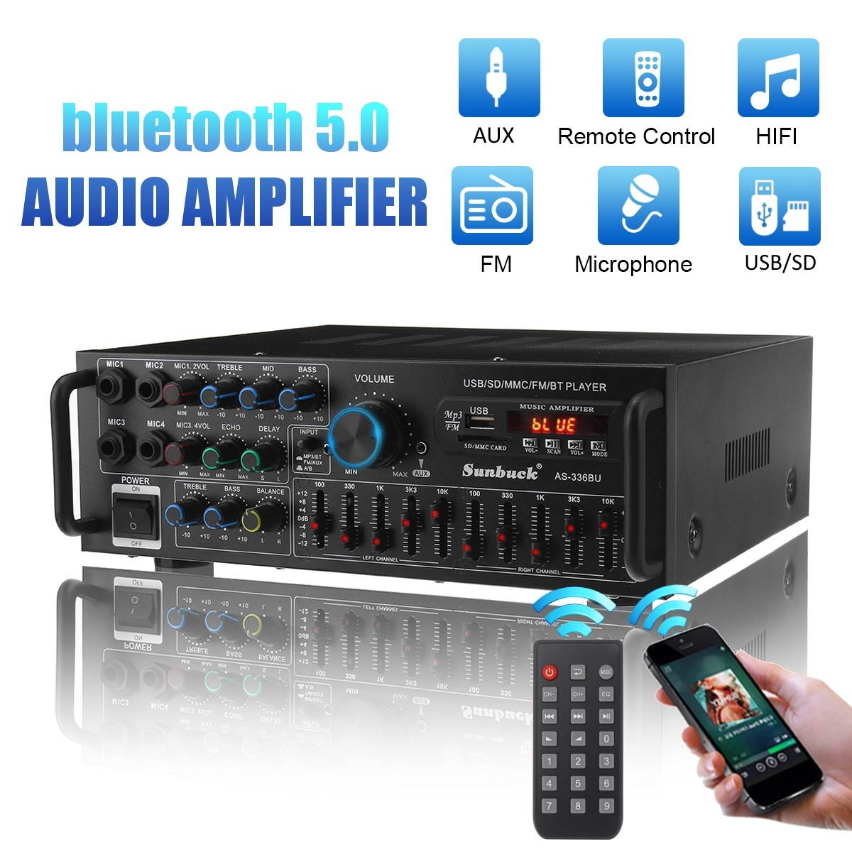 2000W bluetooth Stereo Amplifier Surround Sound USB SD AMP FM DVD AUX LCD Display Home Cinema Karaoke Remote Control