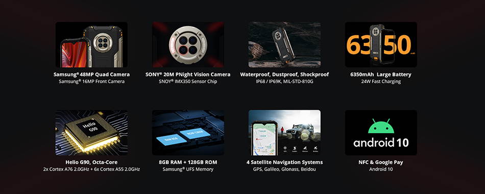 DOOGEE S96 Pro 8GB + 128GB Smartphone with Night Vision Camera Helio G90 Phones 4G Dual SIM 48MP+20MP+16MP Camera Android 10 6350mAh Battery IP68/IP69K Waterproof GPS/NFC