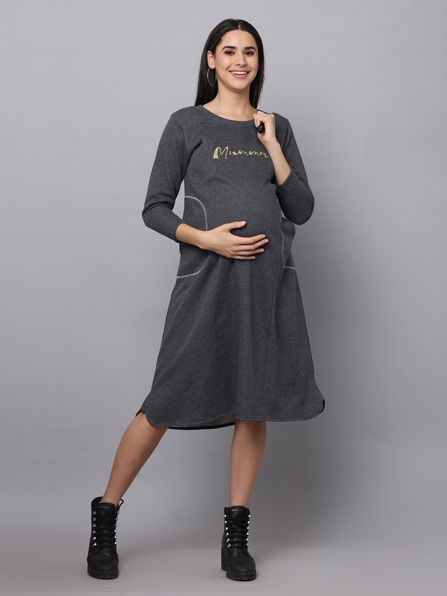 The Mom Store Grey Printed Maternity & Nursing Sweater Dress