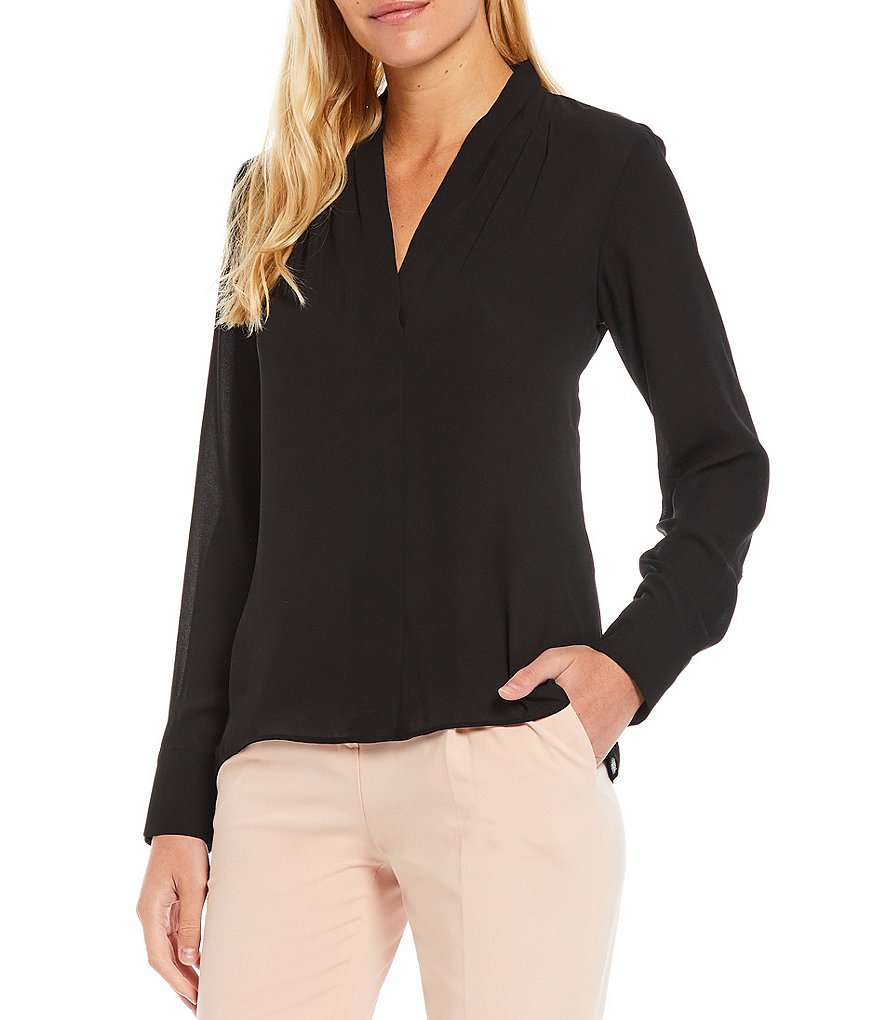 Preston & York Caroline Bow Woven V-Neck 3/4 Sleeve Blouse