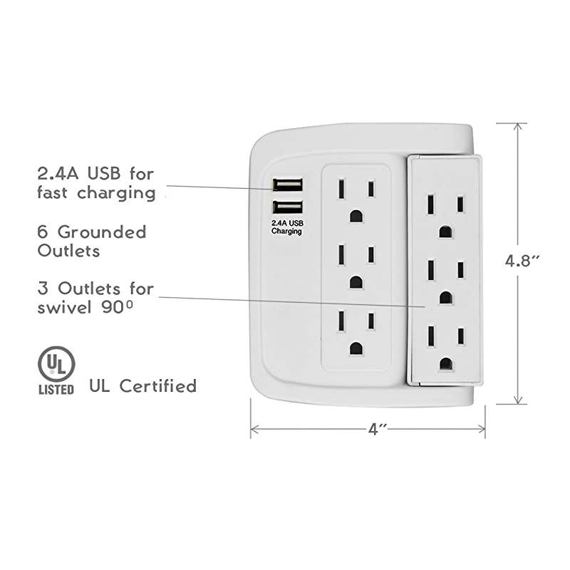 6 Outlet Swivel Wall Adapter, Swivel Outlet with USB Ports, Swivel Wall Tap Adapter White