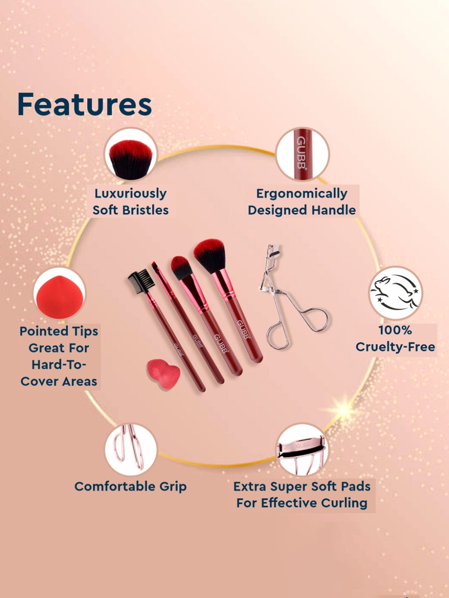 GUBB Beauty Kit - 4 Makeup Brushes with Eyelash Curler & Beauty Blender Makeup Sponge