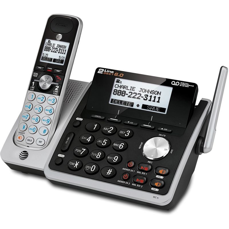 AT&T TL88102 DECT 6.0 2-Line Expandable Corded/Cordless Phone with Answering System, Silver/Black, 1 Handset - 2 x Phone Line - Speakerphone