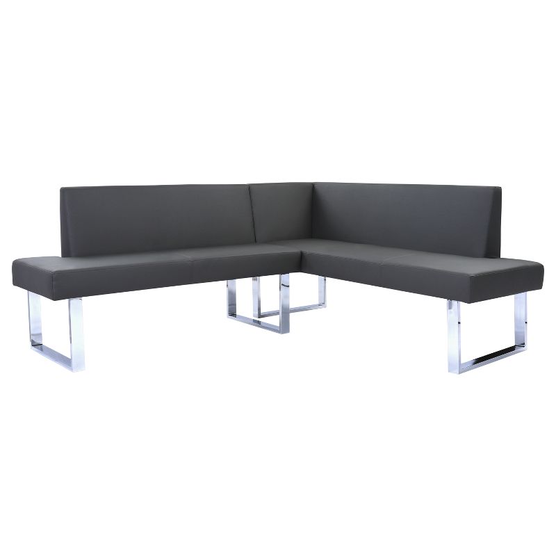 Amanda Contemporary Nook Corner Dining Bench in Gray Faux Leather and Chrome Finish - Armen Living