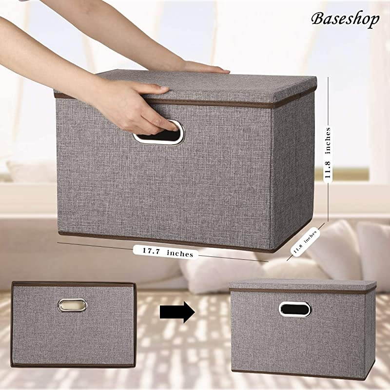 Foldable Storage Bin with Lid 4Pack Linen Fabric Decorative Storage Box Organizer Containers Basket Cube with Handles Divider for Bedroom Closet Office Living Room 177x118x118