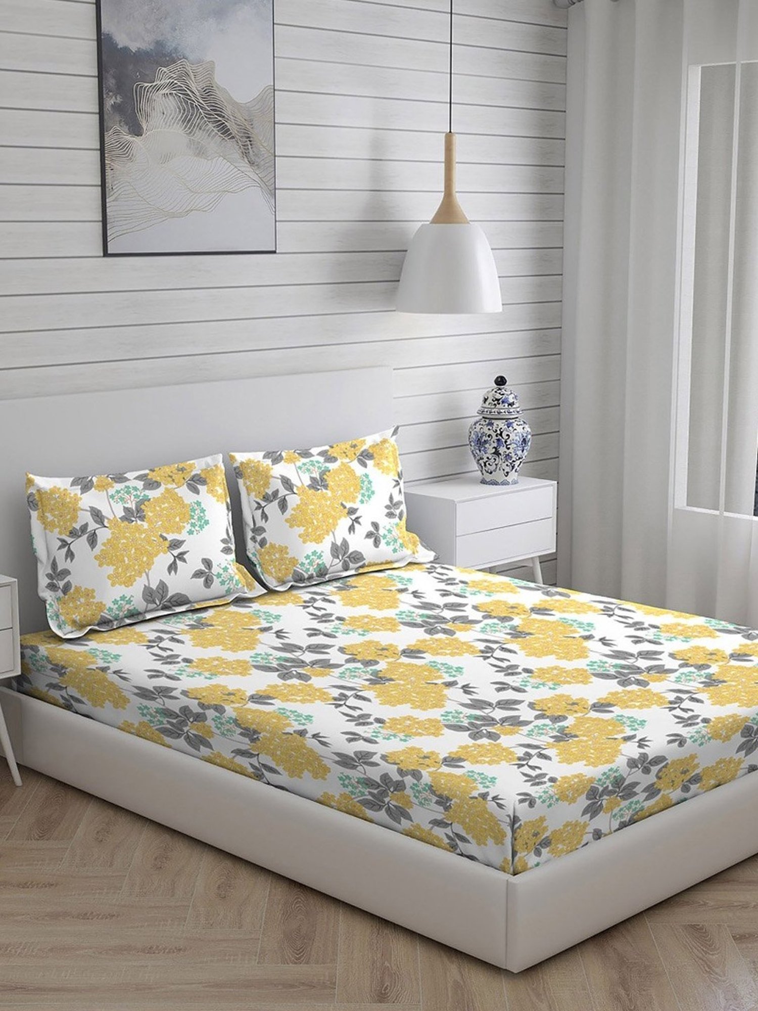 Layers Duracount Nature Yellow 225 TC Cotton Queen Bed Sheet with 2 Pillow Covers
