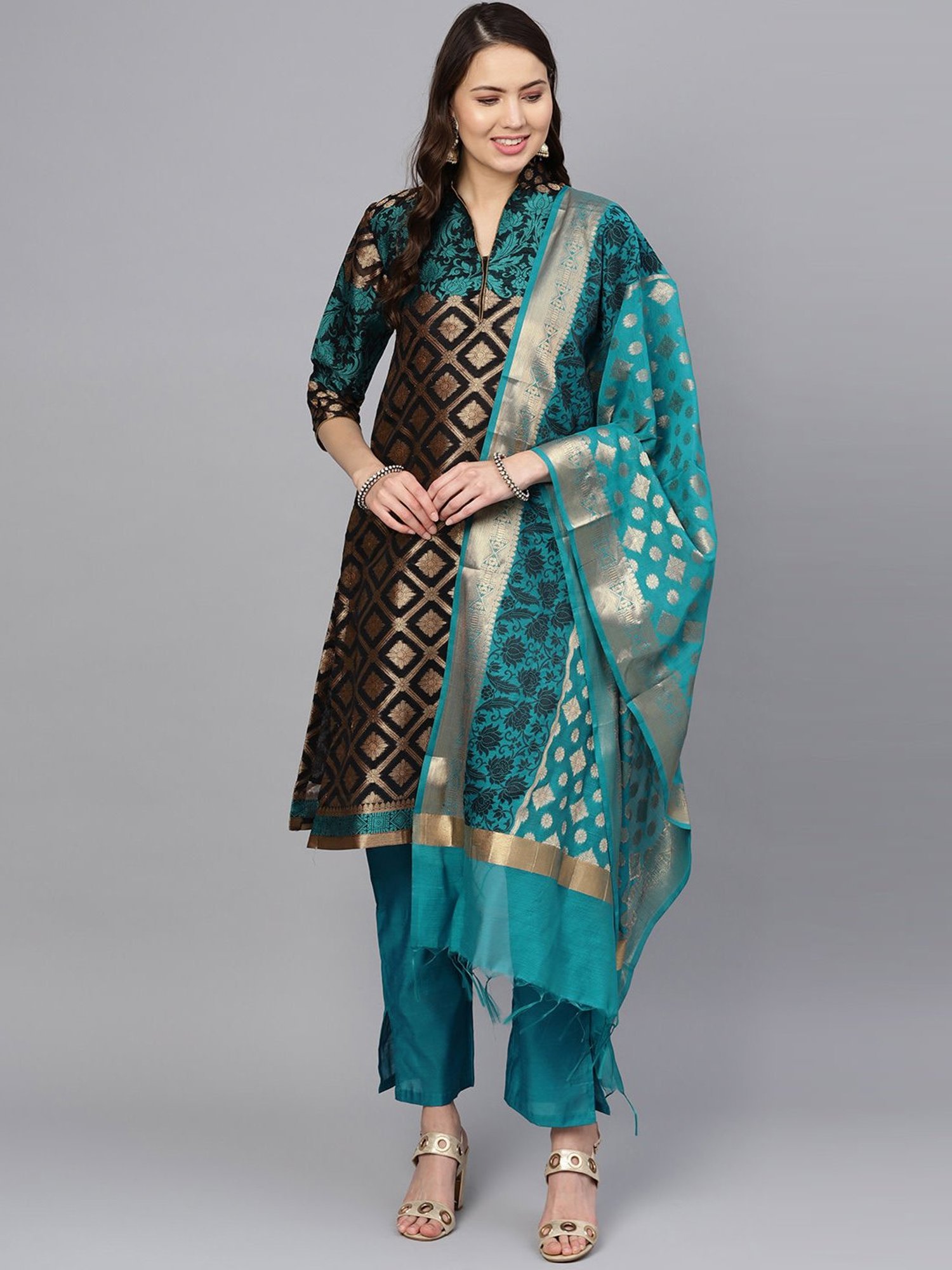 Chhabra 555 Black & Blue Woven Pattern Kurta Pant Set With Dupatta