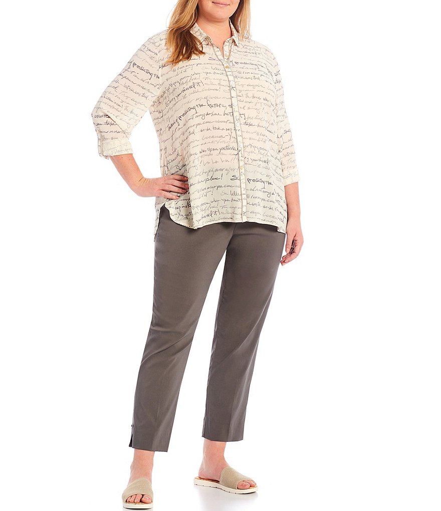 Multiples Plus Size Crinkle Yoryu Handwriting Print Point Collar Neck Roll-Tab Sleeve Button-Down Shirt