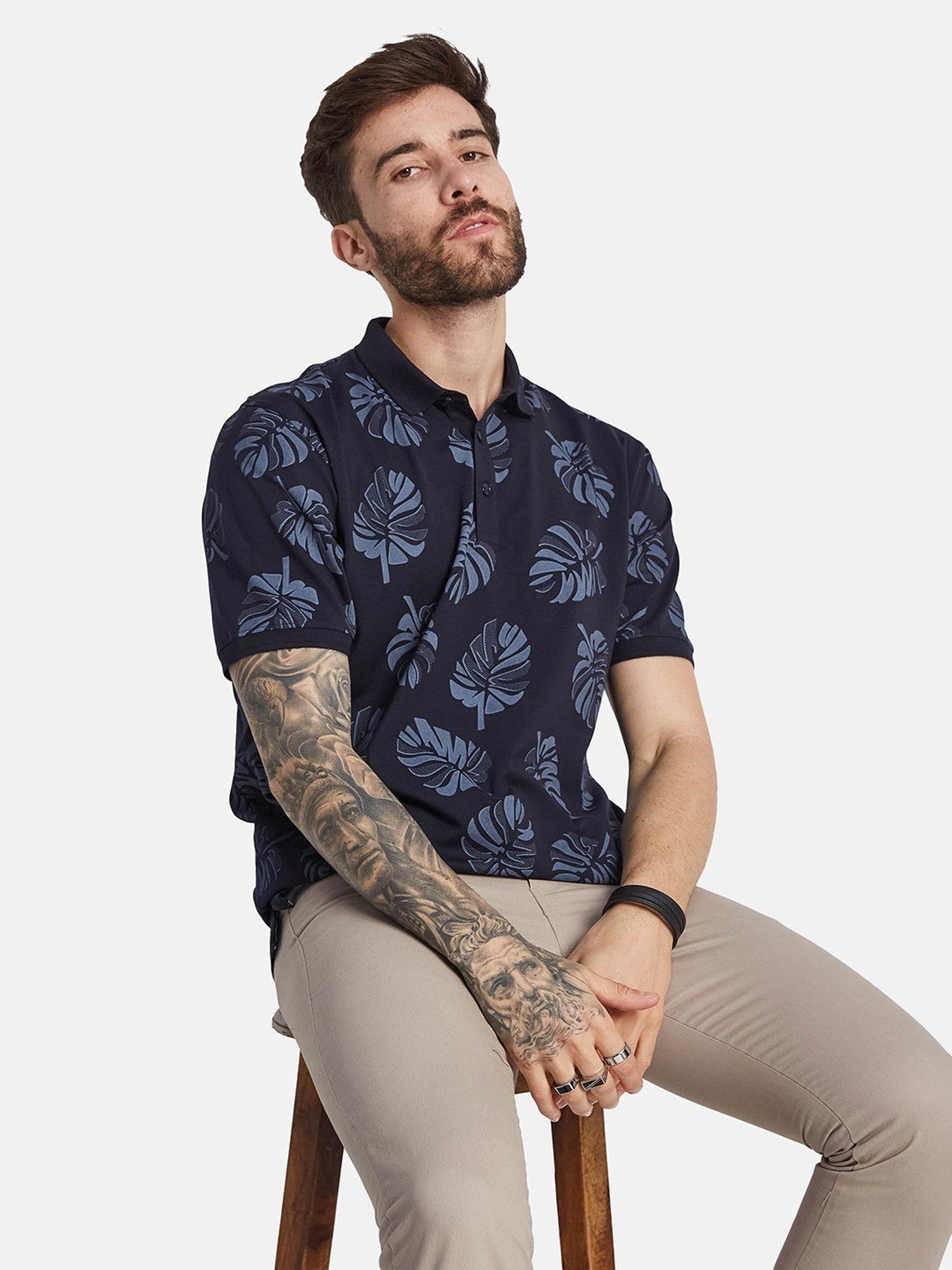 Octave Light Navy Cotton Regular Fit Floral Print Polo T-Shirt