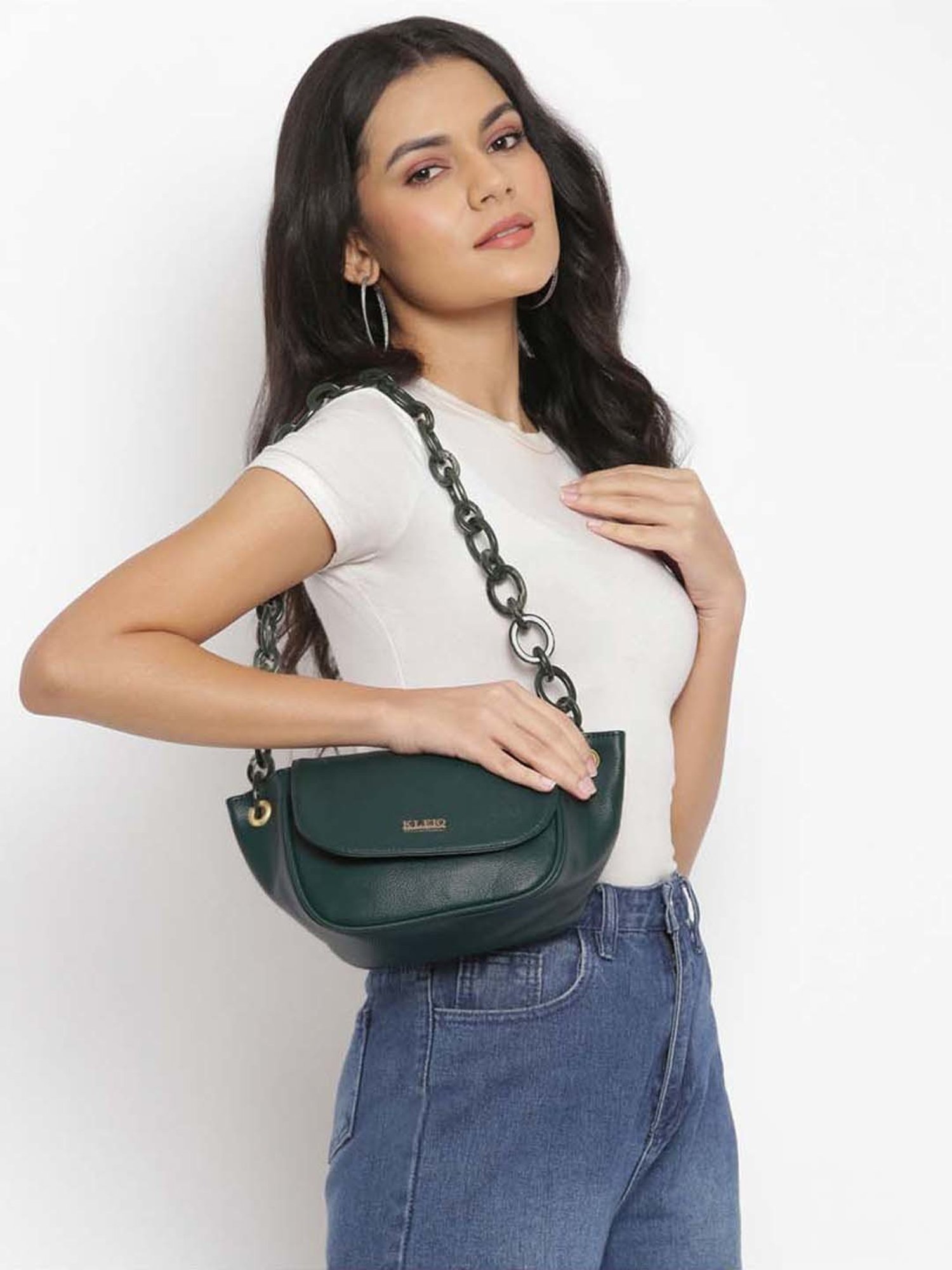 KLEIO Dark Green Solid Medium Shoulder Handbag