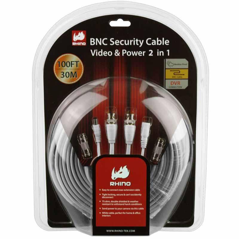 RHINO 100FT BNC 2in1 Cable Video/Power CCTV DVR Security Camera Device White