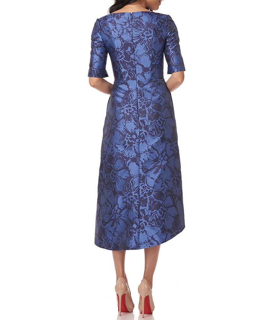 Kay Unger Long Bishop Sleeve V-Neck Crepe A-Line Dress