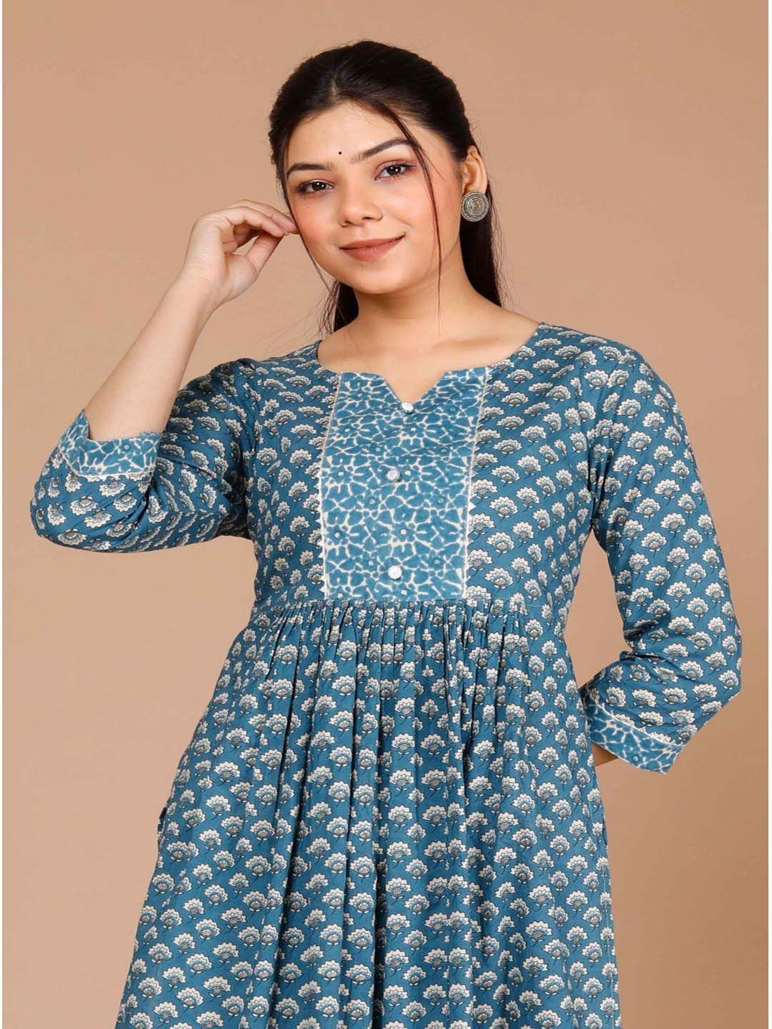 Miravan Blue Cotton Printed Kurta Pant Set