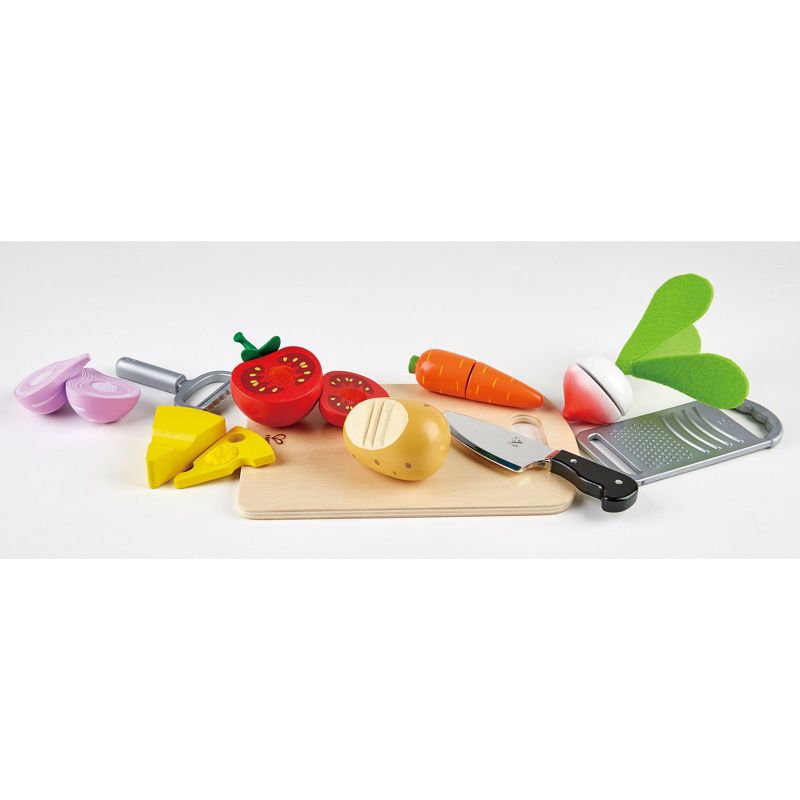 Hape E3154 Cooking Essentials Kids Wooden Pretend Kitchen Play Food Toys and Accessories Set with Vegetables, Cheese, Knife, Peeler, and Grater