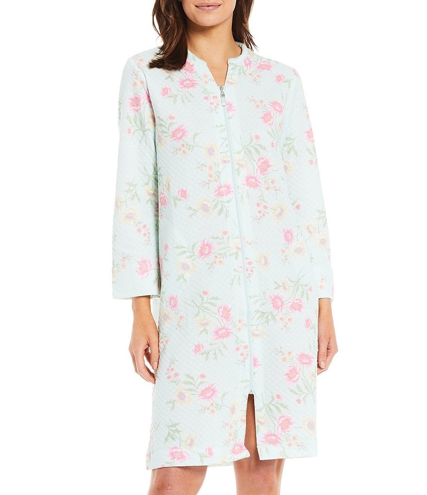 Miss Elaine Cottonessa Floral Print Quilt-In-Knit Zip Front Robe