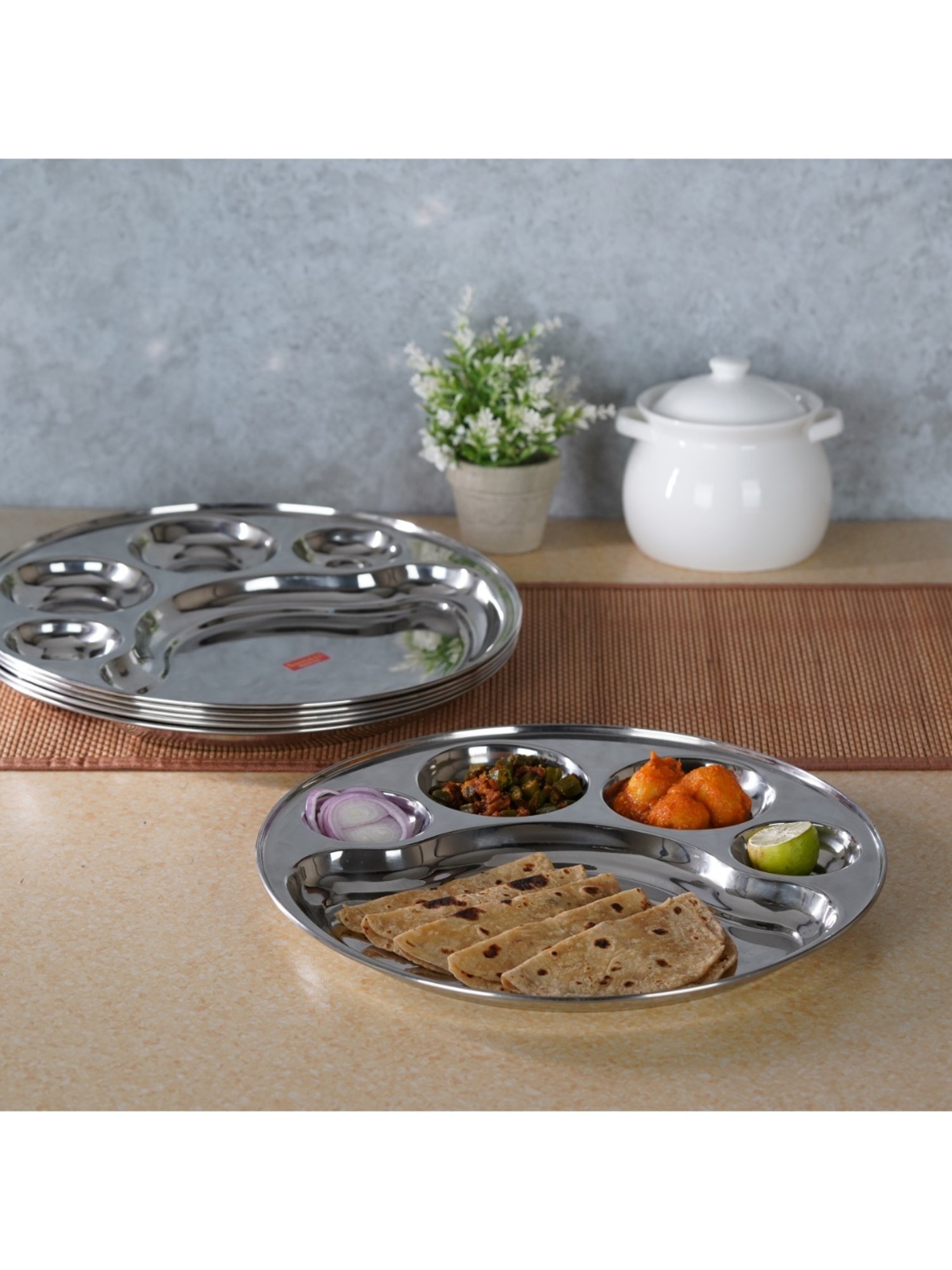 Sumeet Stainless Steel Round 5 in 1 Compartment Lunch / Dinner Plate Set of 6Pcs, 31cm Dia, Silver