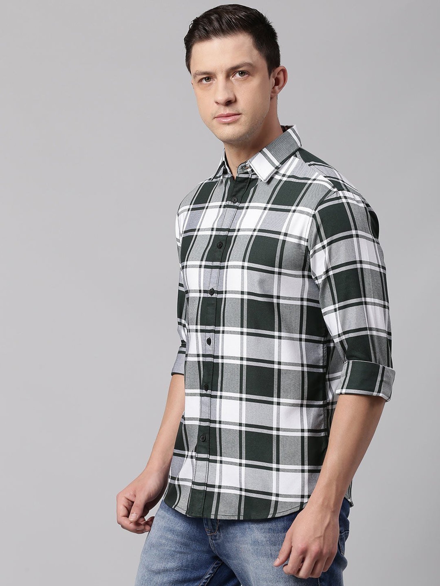 Dennis Lingo Green & White Cotton Slim Fit Checks Shirt