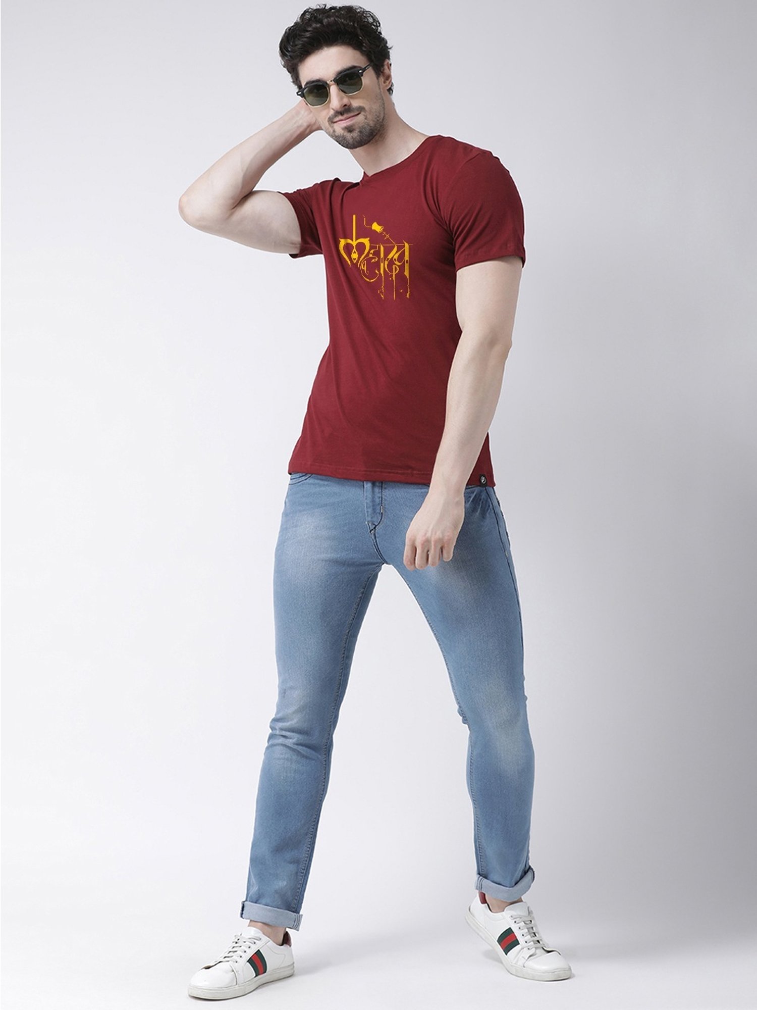 Friskers Maroon Cotton Slim Fit Printed T-Shirt