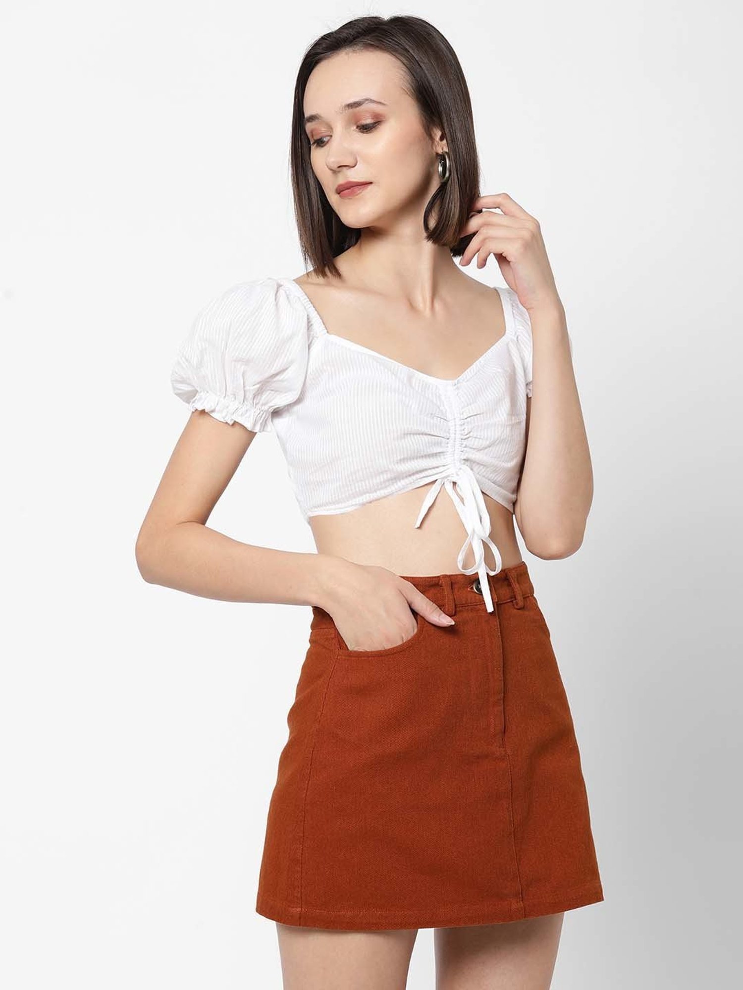 VASTRADO White Cotton Striped Crop Top