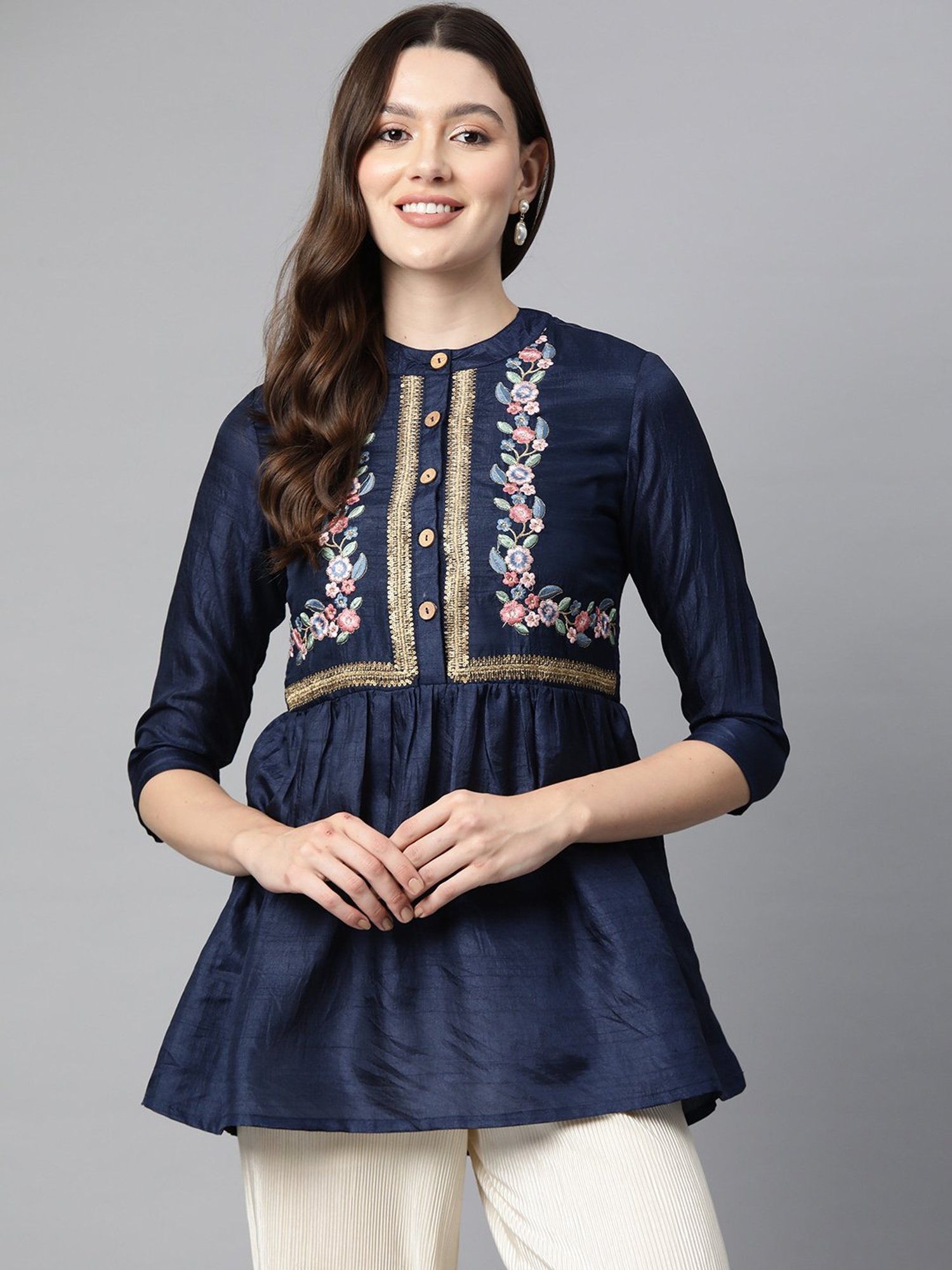 Cottinfab Blue Silk Embroidered Top