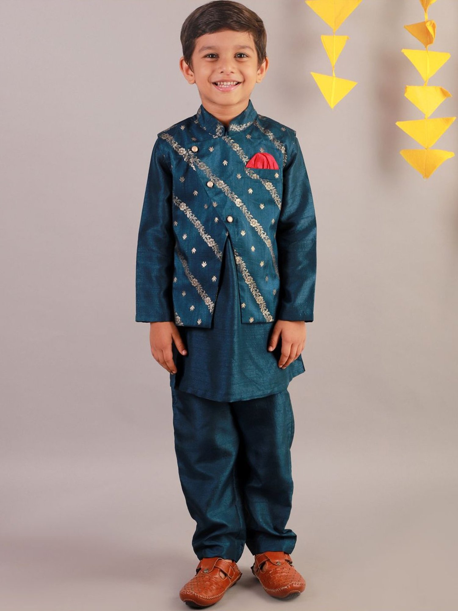 Lil Drama Kids Teal Blue Floral Print Full Sleeves Kurta Set