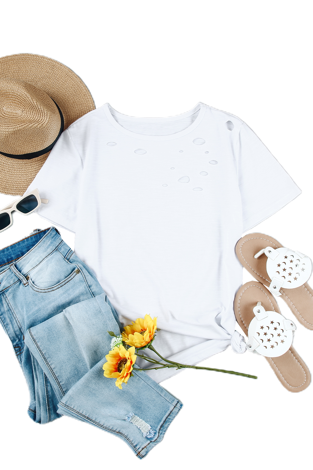 Blank T Shirt - White Distressed Short Sleeve Summer Plain T-Shirt Customized