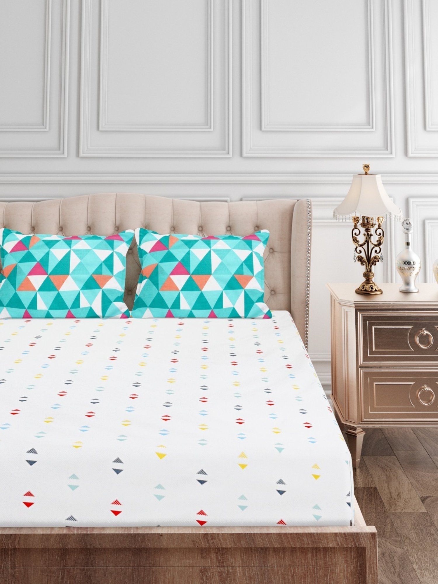 SEJ by Nisha Gupta Geometric Grey 160 TC Cotton Double Bed Sheet with 2 Pillow Covers