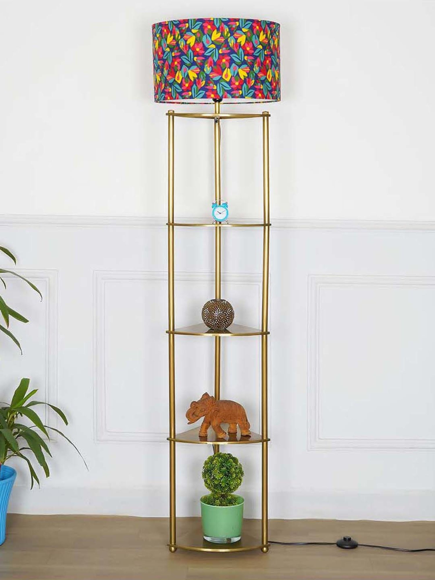 Kapoor E Illuminations Devan Antique Brass Metal Multiutility Shelf Floor Lamp