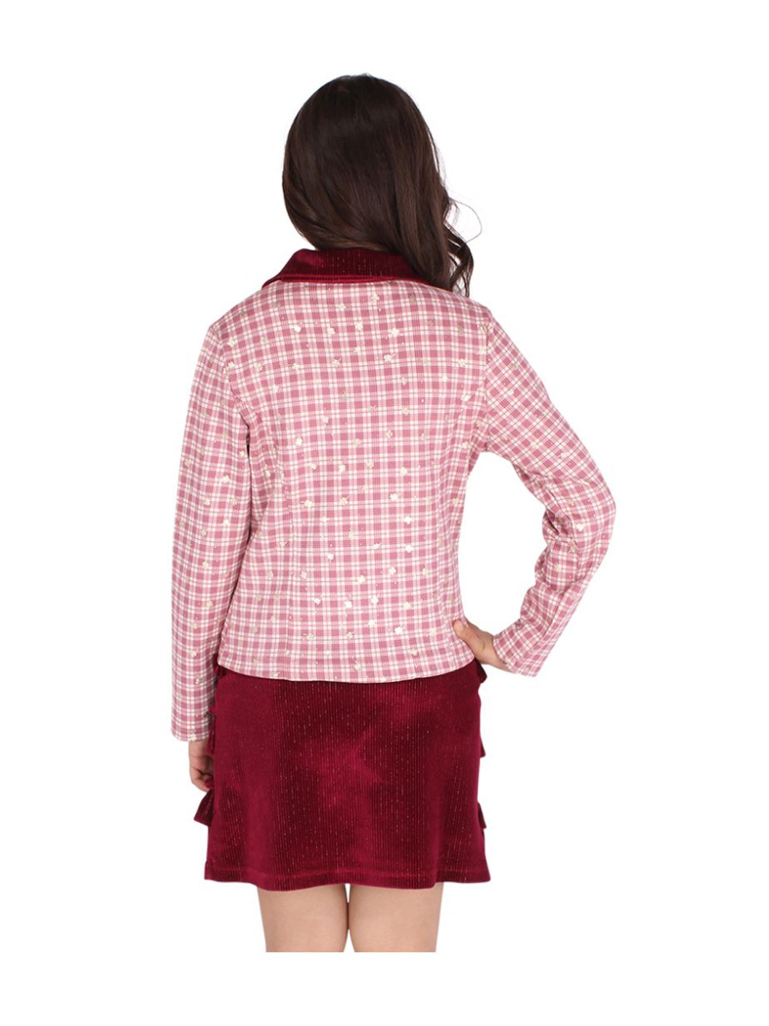 Cutecumber Kids Pink & Maroon Chequered Full Sleeves Dress