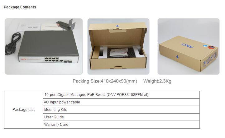 ONV-POE33108PFM 8-Port 10/100/1000Base-T + 2x gigabit SFP slots + 1 console port POE Switch