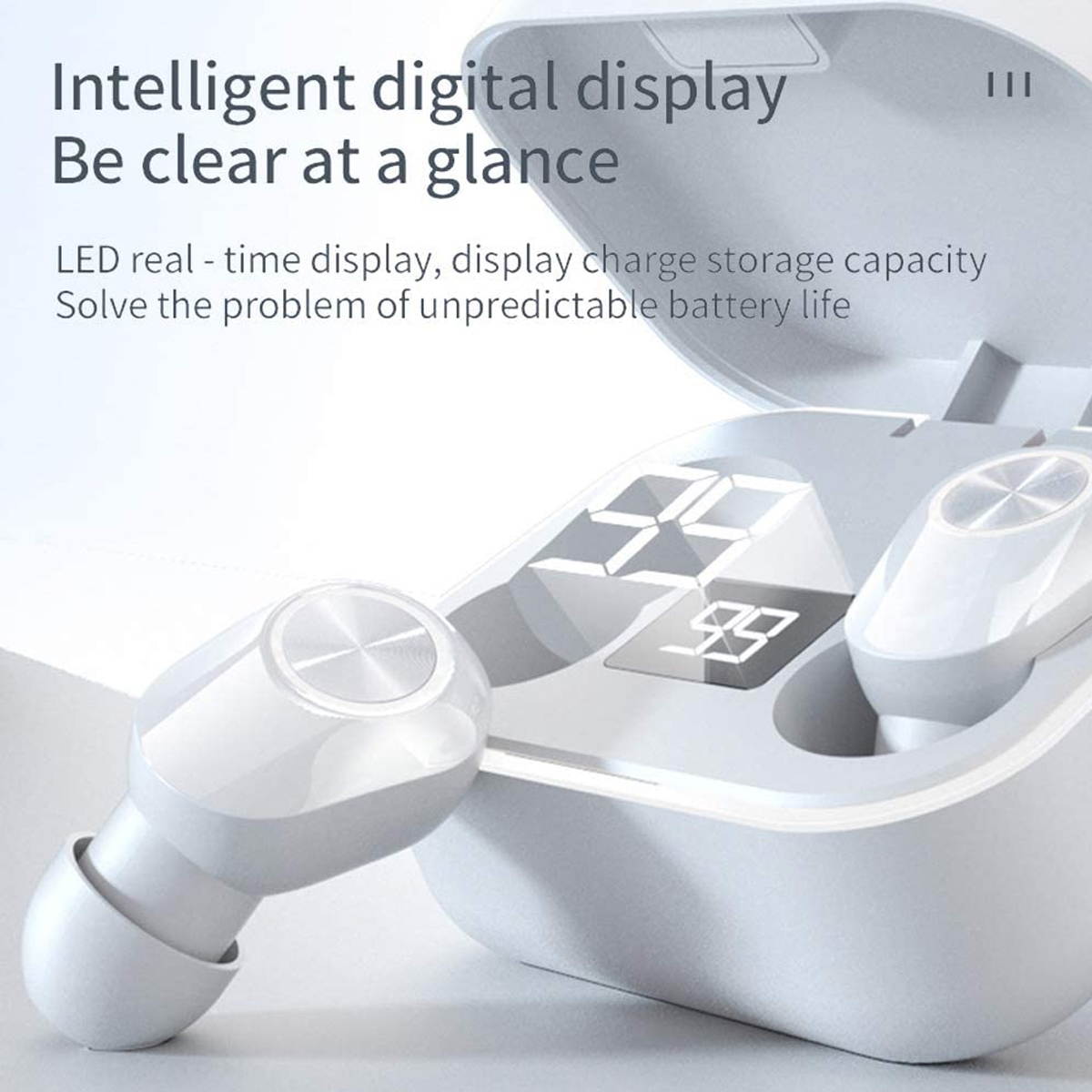 LED Wireless Earbuds, TWS Bluetooth 5.1 Headphones Stereo Sound Earphones 46H Playtime Charging Case Gaming Headsets Sweat Proof Dual Headset with Built-in Noise Cancelling Mic for Sports, White, BE56