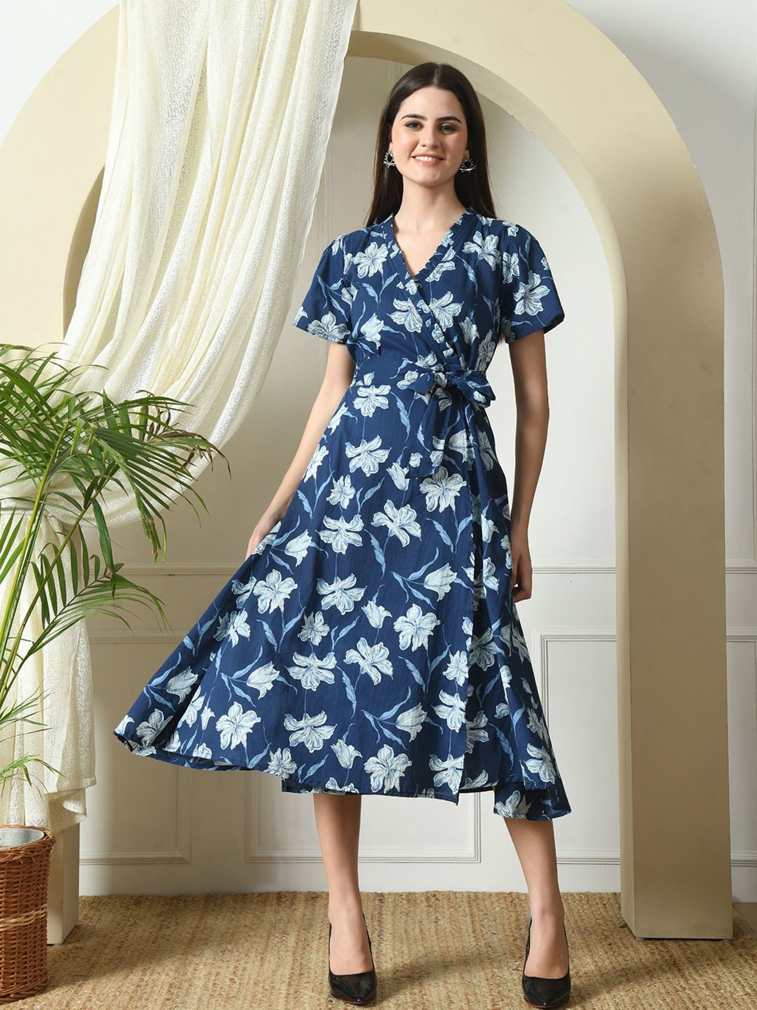 DECKEDUP Indigo Cotton Floral Print Wrap Dress