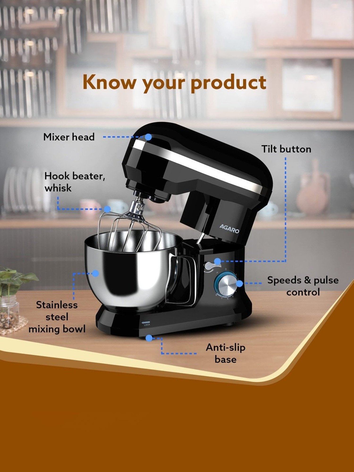 Agaro Royal Stand Mixer 1000W with 8 Speed Setting  I Includes Whisking Cone 5.5 L (Black)