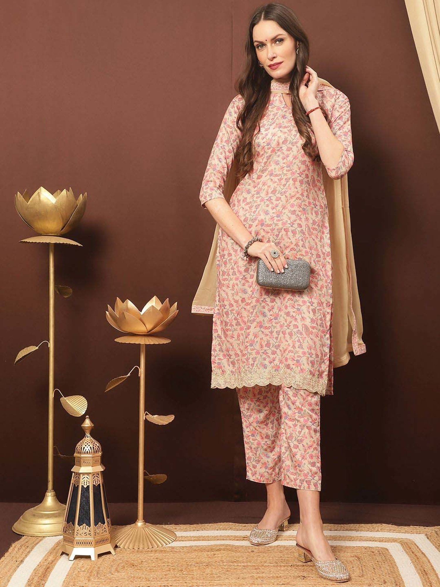 Stylee LIFESTYLE Beige Printed Unstitched Dress Material